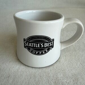 Seattle's Best Coffee White Ceramic Mug Black Logo Diner Style Cup 10-12 OZ